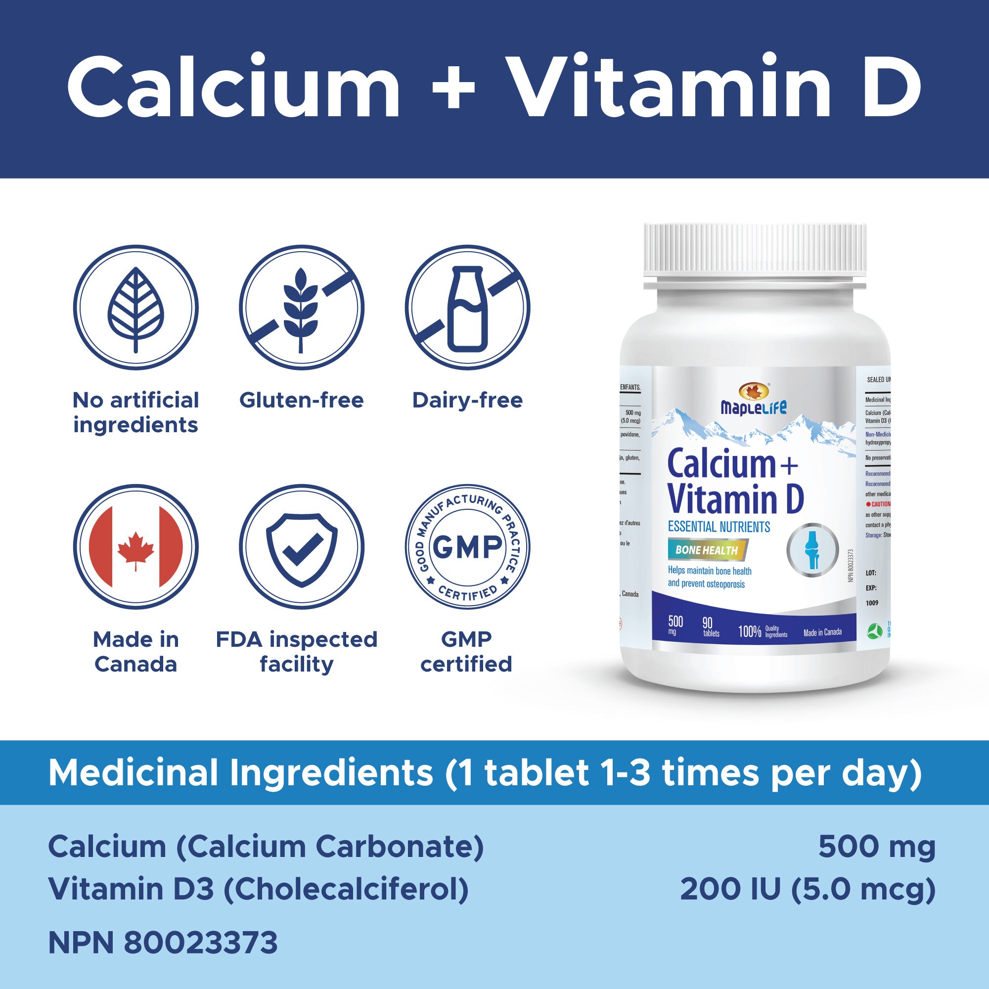 Calcium 500 mg + VitaminD3 200 IU 90 Tablets